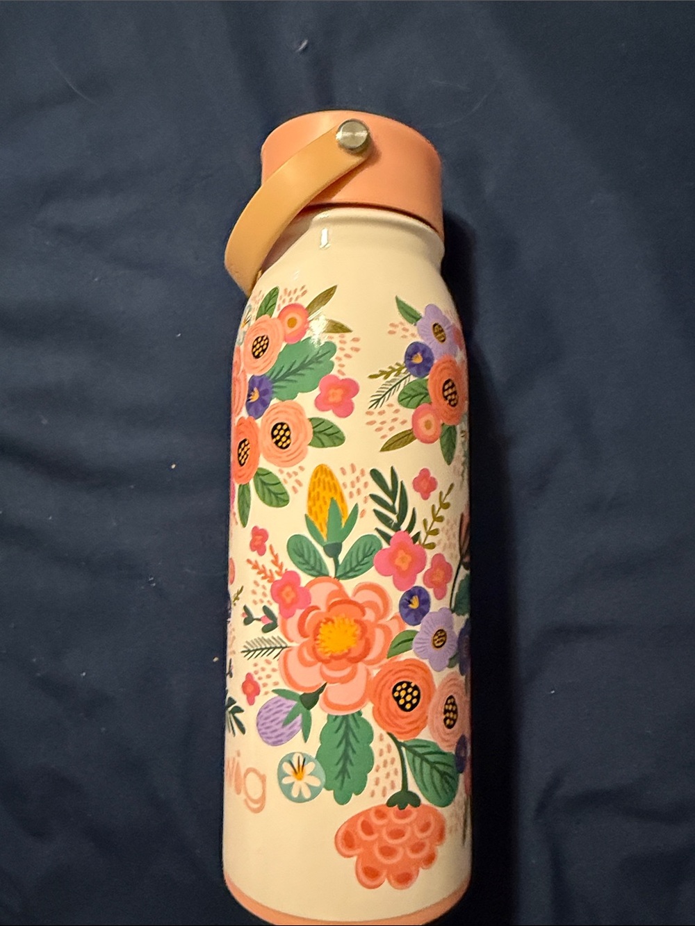 Floral Accent Water Bottle - Cream with Pink, Orange & Green